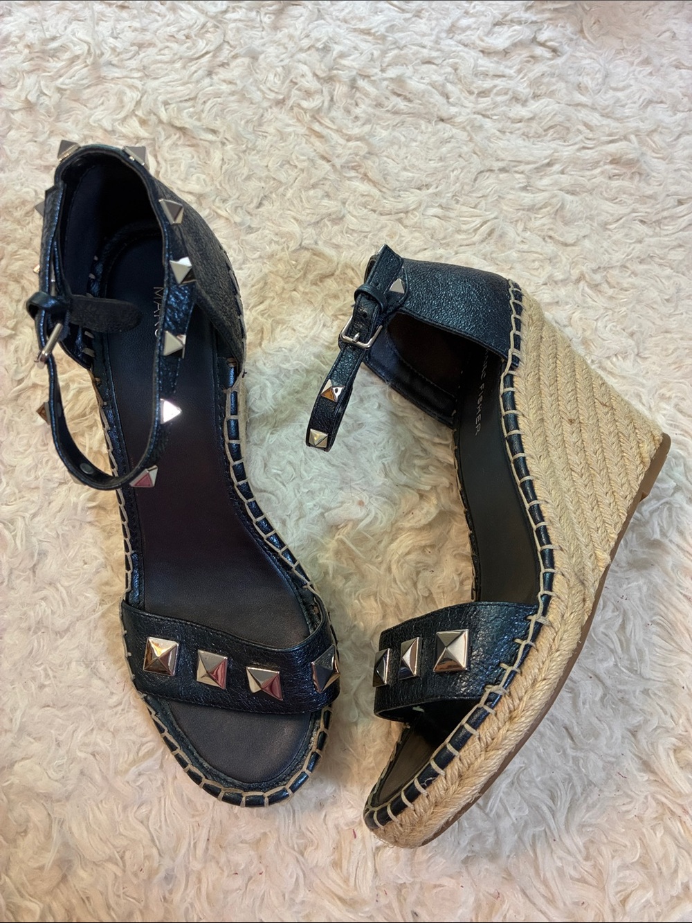 Marc Fisher Metallic Blue Silver Studded Wedge Sandals